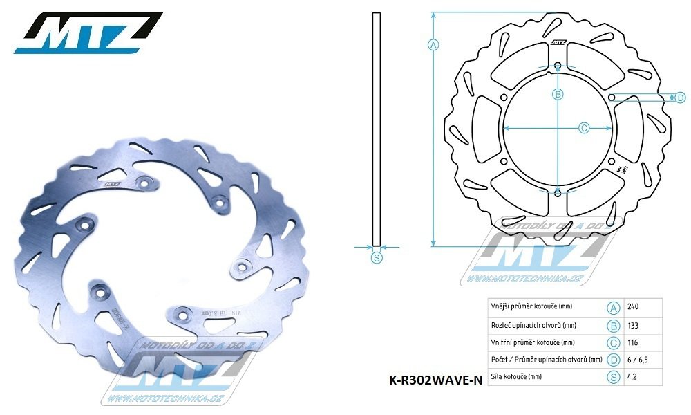 Kotúč brzdový MTZ nerezový - zubatý dizajn Wave - Yamaha YZ125 / 99-01 + YZ250 / 99-01 + YZF250 / 01 + YZF400 / 99 + YZF426 / 00-02 + WRF250 / 01 + WRF