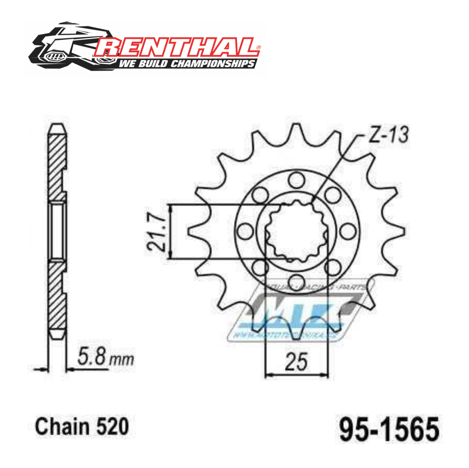 Kolečko retazové (pastorek) 1565-13zubov Renthal 452-520-13 - Kawasaki KXF450 / 06-23+ KX450 / 19-23 + KLX450R / 08-21
