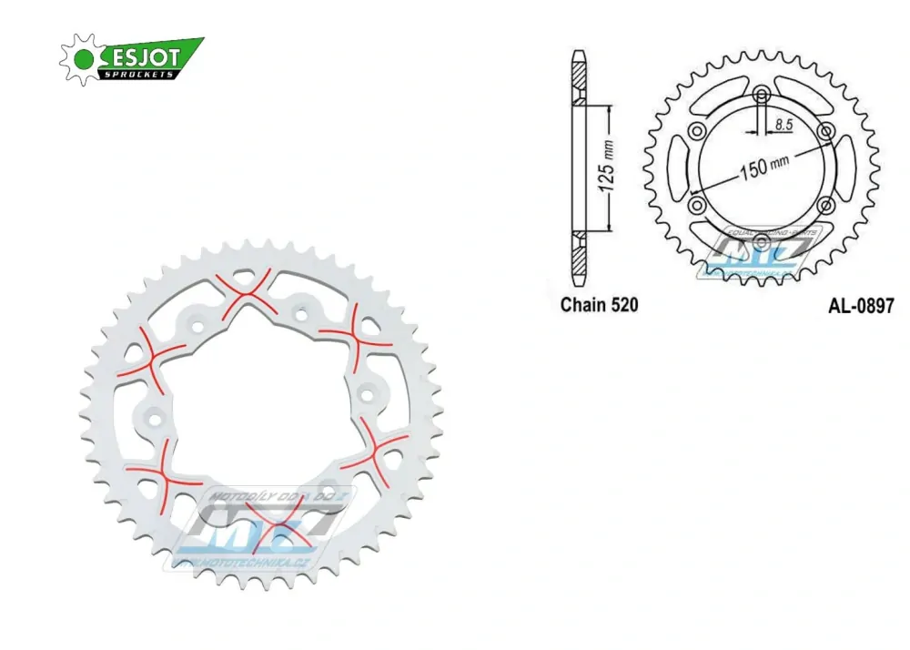 Rozeta reťazová (prevodník) Dural 0897-49zubov ESJOT 53-32065-49WO biela - KTM 125SX+250SXF+ 360EXC+400EXCF+300XC+450XCF+440MX+790 Adventure+620 EGS+690 Duke+125LC2+ 350LC4+525SMR+690SMC + Husaberg TE250+FC350+FE450+FS450+FX450 + Husqvarna FC250 +FE501