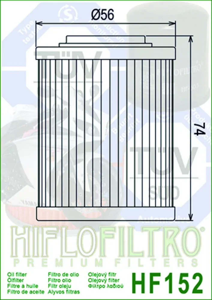 Filter olejový HF152 (HifloFiltro) - Aprilia ETV1000 Caponord + RST1000 Futura+RSV1000R Tuono + Bombardier 330 Outlander + DS650 Baja + 650 Outlander + Can-Am 400+450+500 Outlander+650 Outlander Max+800 Outlander + CF Moto Gladiator X450+X520+X550+X60